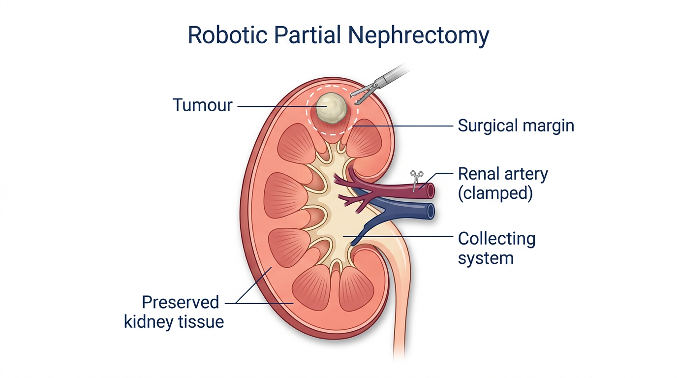 Cross-section diagram of a kidney showing a small tumour in the upper pole being removed with a thin rim of surrounding healthy tissue as the surgical margin. The renal artery is clamped, and the collecting system and preserved kidney tissue are labelled.