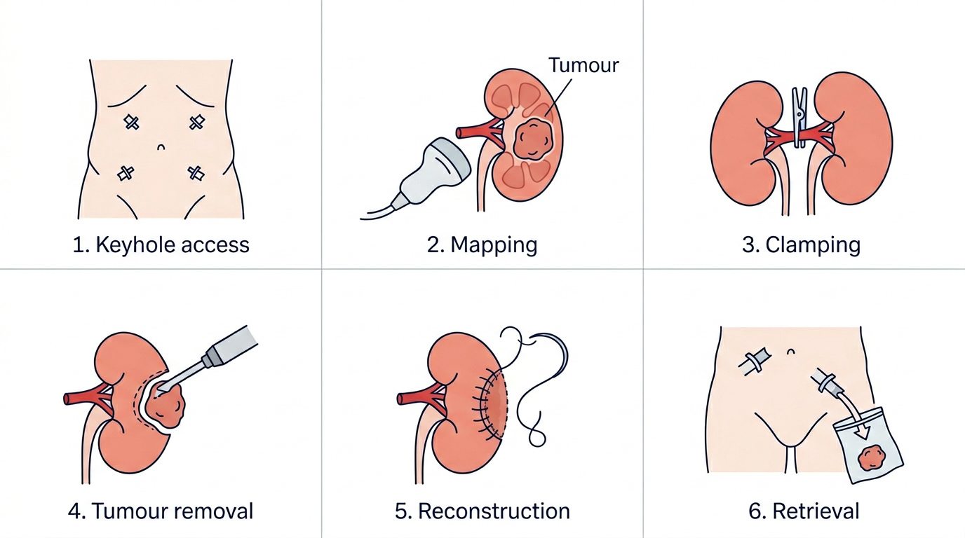 Six-panel illustrated sequence of a robotic partial nephrectomy. Panel 1 keyhole access: four small port sites marked on the abdomen. Panel 2 mapping: ultrasound probe examining the kidney with the tumour identified. Panel 3 clamping: a small clamp applied to the renal artery. Panel 4 tumour removal: the tumour excised with a thin margin using a robotic instrument. Panel 5 reconstruction: the kidney sutured closed in layers. Panel 6 retrieval: the tumour placed in a specimen bag and removed through a port.